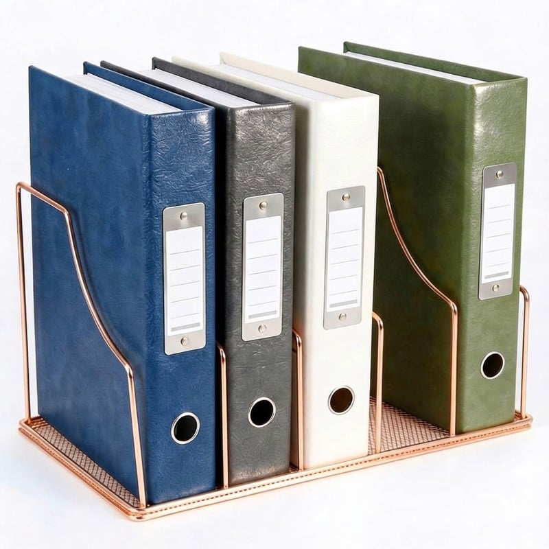 Simmer Stone Rose Gold Binder Organizer for Desk, 5 Slot Metal Wire Vertical File Sorter with Mesh Bottom, Desktop Magazine Holder Rack for 2 Inch Binders, Medical Coding Books, Vinyl Records, 12.1" - Image 1